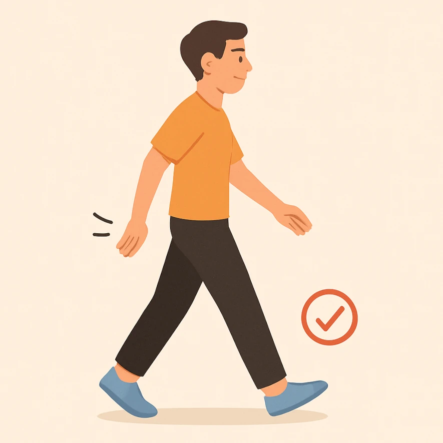 Promenerar med bra hållning i rygg, axlar och bröstkorg